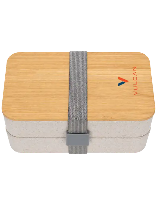 Double Decker Natural Ivory Lunch Box w/Eco-Friendly FSC Bamboo Lid & Reusable Utensils w/Vulcan Logo