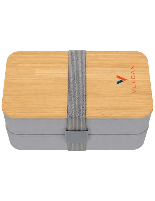 Double Decker Light Medium Grey Lunch Box w/Eco-Friendly FSC Bamboo Lid & Reusable Utensils w/Vulcan Logo