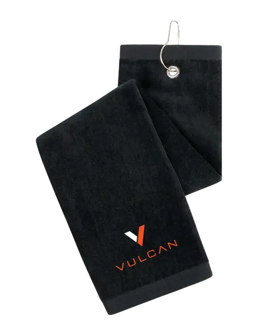 Black Tri-Fold Golf Towel with Grommet w/Vulcan Logo