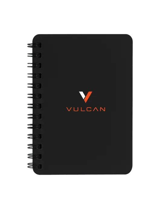 Sturdy Black Hardcover Notebook, 5.25 x 7 w/Vulcan Logo