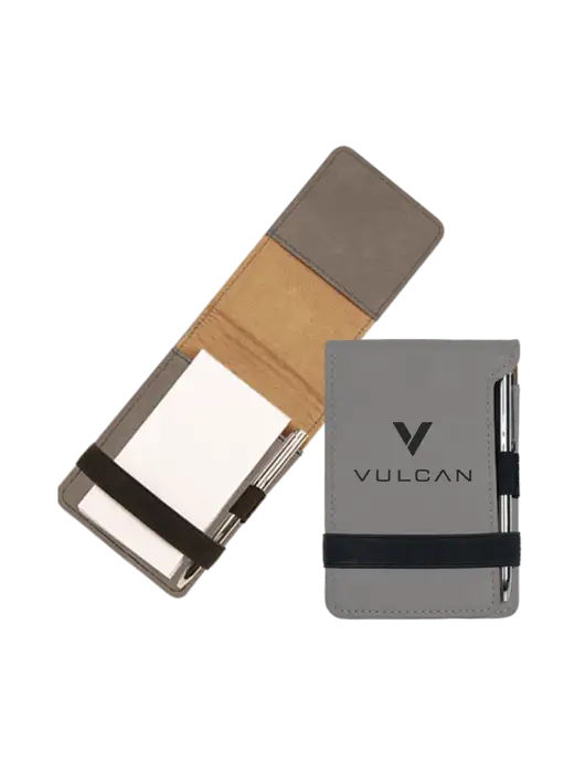 Grey Leatherette Mini Notepad with Pen,  3.25 x 4.75 w/Vulcan Logo