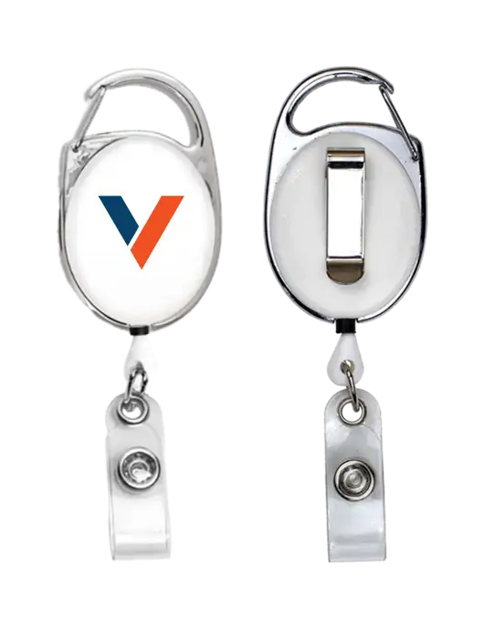 White Carabiner Style Badge Reel and Badge Holder w/Vulcan Icon Logo