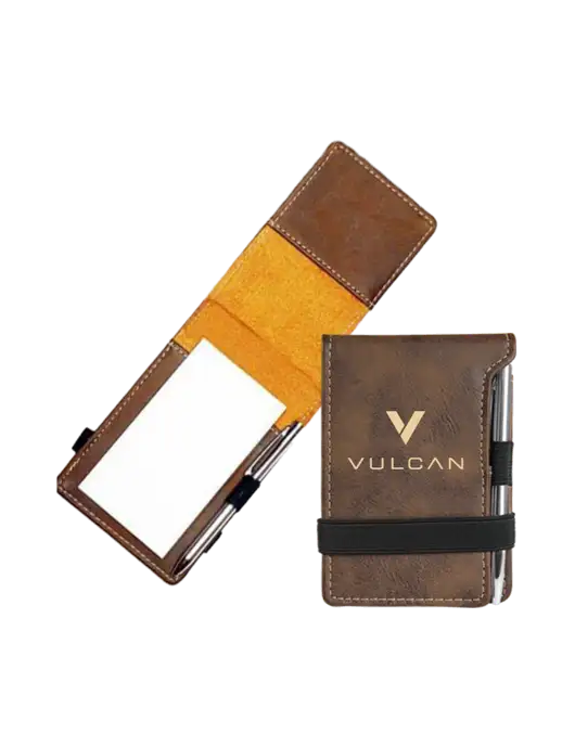 Rustic Leatherette Mini Notepad w/Pen, 3.25 x 4.75 w/Vulcan Logo