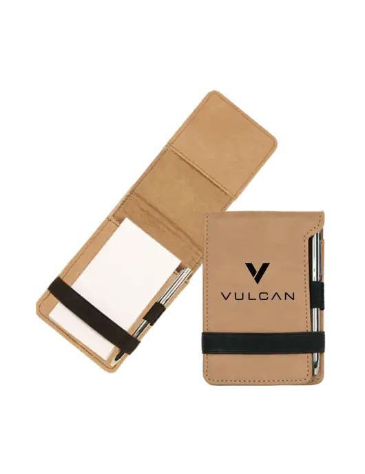 Tan Leatherette Mini Notepad with Pen,  3.25 x 4.75 w/Vulcan Logo